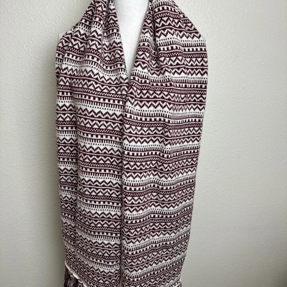 Long Scarf Nordic Style Burgundy ( Wine ) & White Fringe